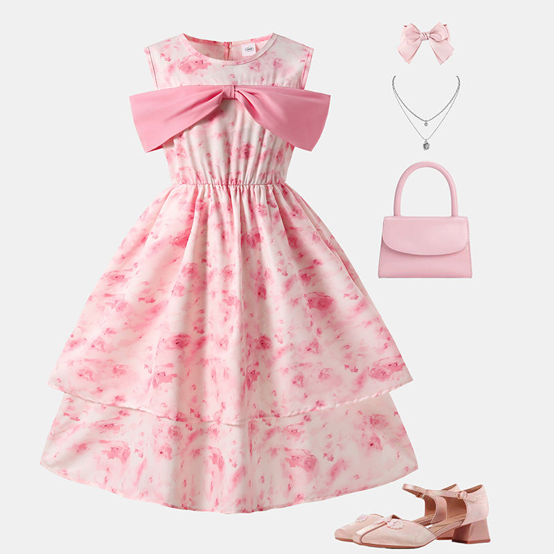 Secret Garden | Girls Bow Floral Layered Double Princess Dress