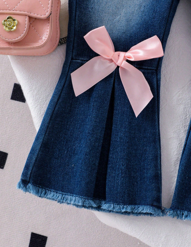 Girls Western Style Long-Sleeve Denim Butterfly Embroidered Top - Flare Jeans Set
