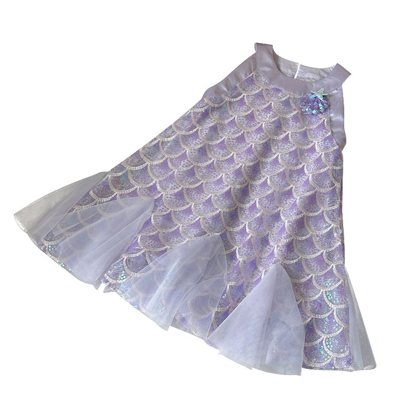 Girls Sequined Mermaid Princess Dress - Summer Cotton Lined Party Gown