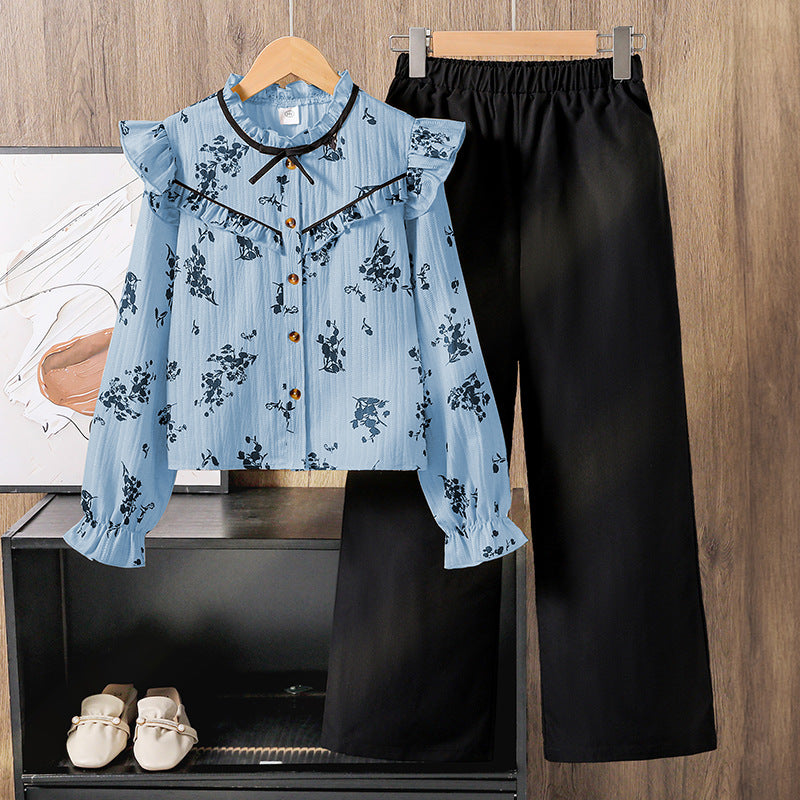 Vintage Romance | Girls Lace Print Long-Sleeve Shirt & Wide-Leg Pants Set
