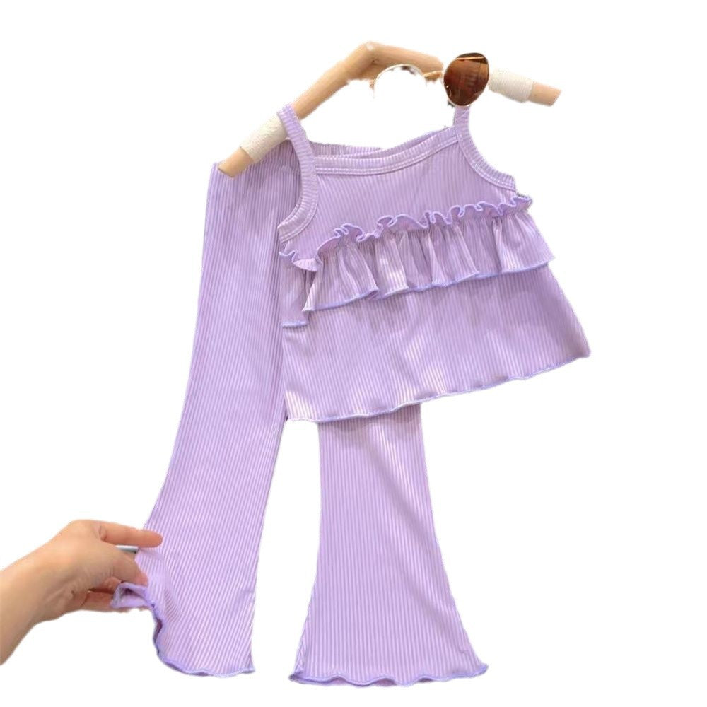 Girls Ice Silk Suspender & Flare Pants Set - Summer Two-Piece Outfit