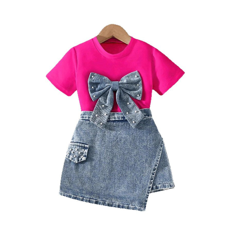 Girls Western Bow Pearl Set - Denim Culotte Fashion Outfit