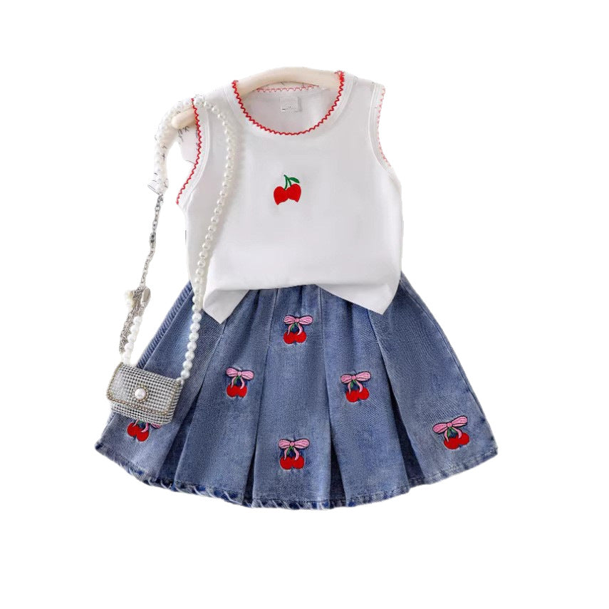 Girls Dogtooth Sleeveless Top - Cherry Embroidered Pleated Denim Skirt Set