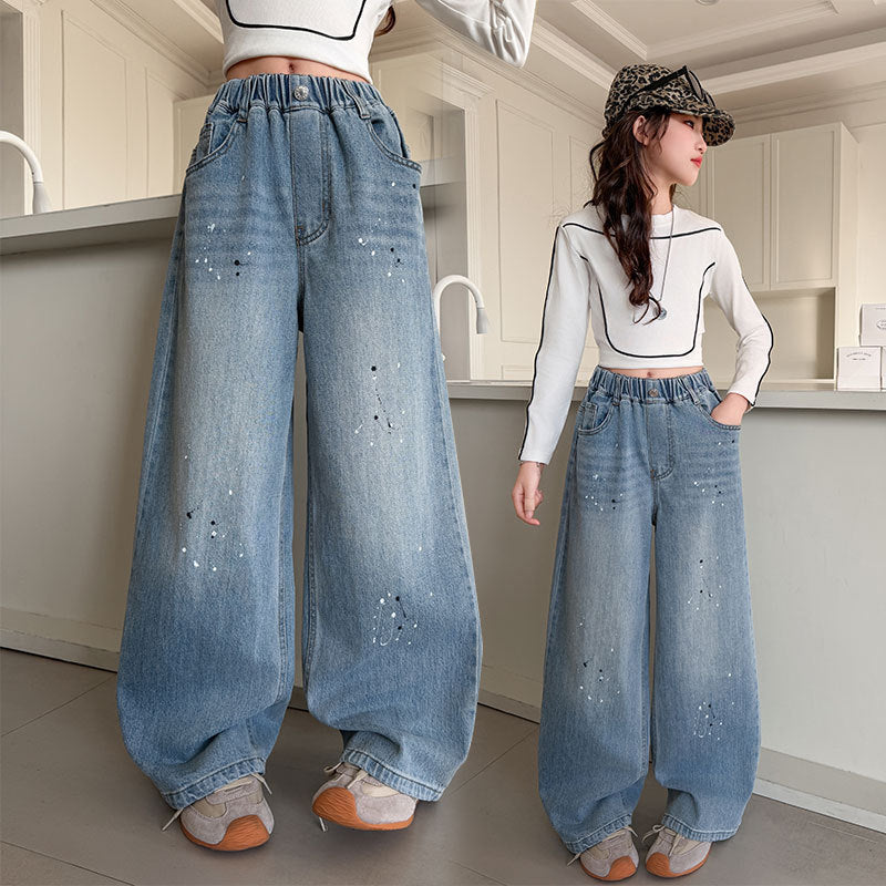 The Artisan Echo | Girls' Printed Floor-Length Wide-Leg Jeans