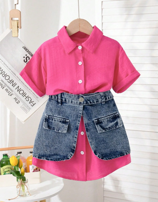 Girls Western Fashion Shirt Set - Short-Sleeve Denim Waist Skirt Outfit