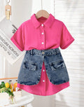 Girls Western Fashion Shirt Set - Short-Sleeve Denim Waist Skirt Outfit