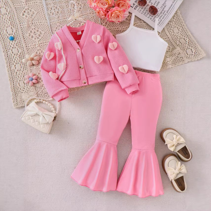 Girls Western Flower Knit Set - 3-Piece Bell Bottom Outfit