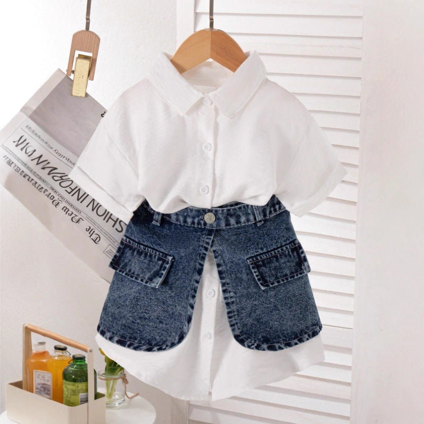Girls Western Fashion Shirt Set - Short-Sleeve Denim Waist Skirt Outfit