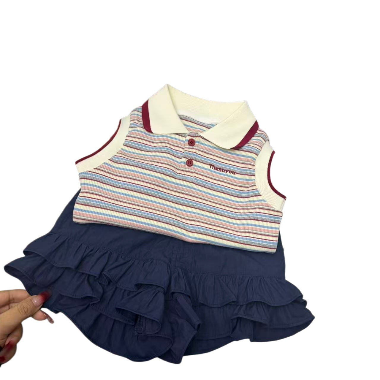 Girls Korean Style Striped Vest - Navy Blue Pleated Culottes 2 Piece Set