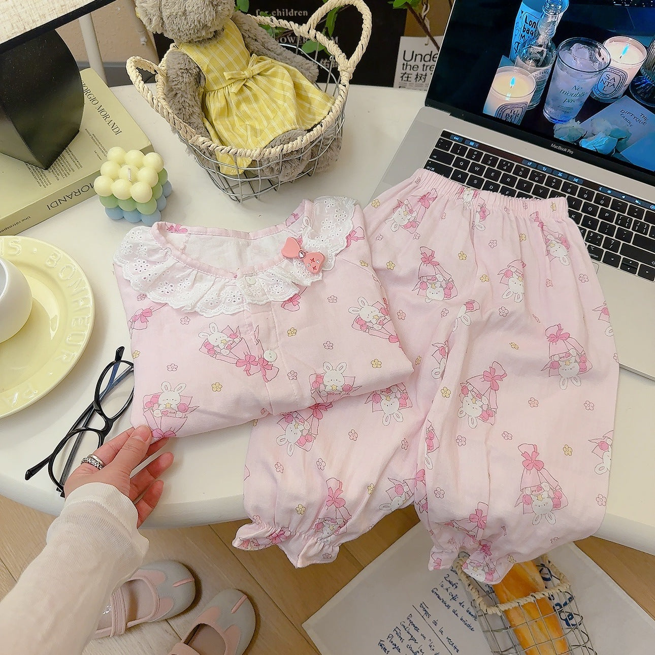 Girls Lace Pajamas Set |Summer Pure Cotton Loungewear Double Layer