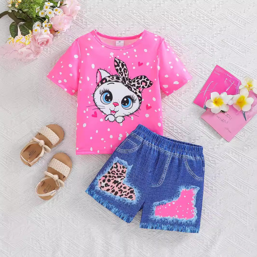 The Purr-fect Companion | Girls’ Big-Eyed Cat Cartoon Tee & Summer Suit