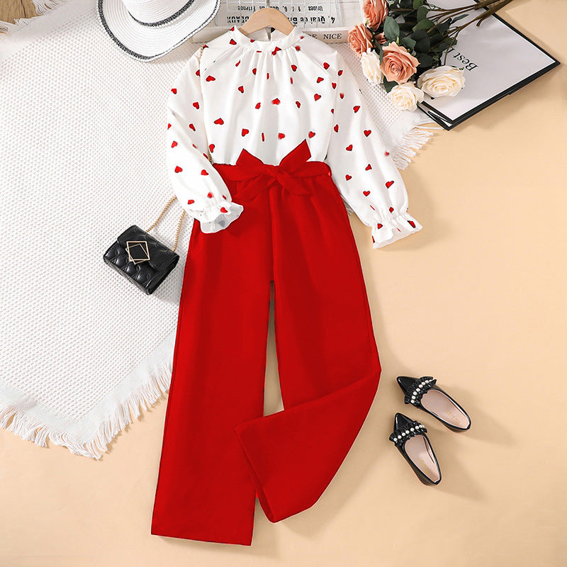 Girls Love Heart Print Two Piece Set | Spring Valentine's Day Long Sleeve Top