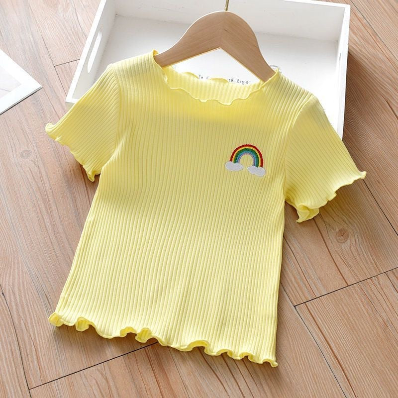 Girls Ice Silk Short Sleeve T-Shirt - Cute Embroidered Summer Lettuce Edge Top