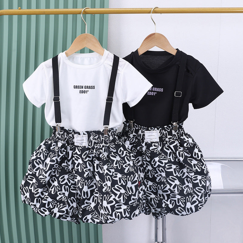 The Urban-Luxe | Girls’ "Letter-Link" Letter Print Strap Shorts Set