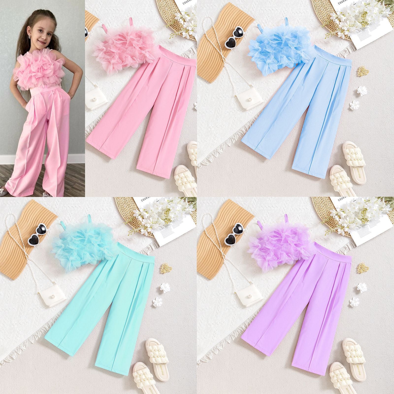 Runway Luxe | Girls 3-D Flower Strapless Top & Slim Suit Pants Set