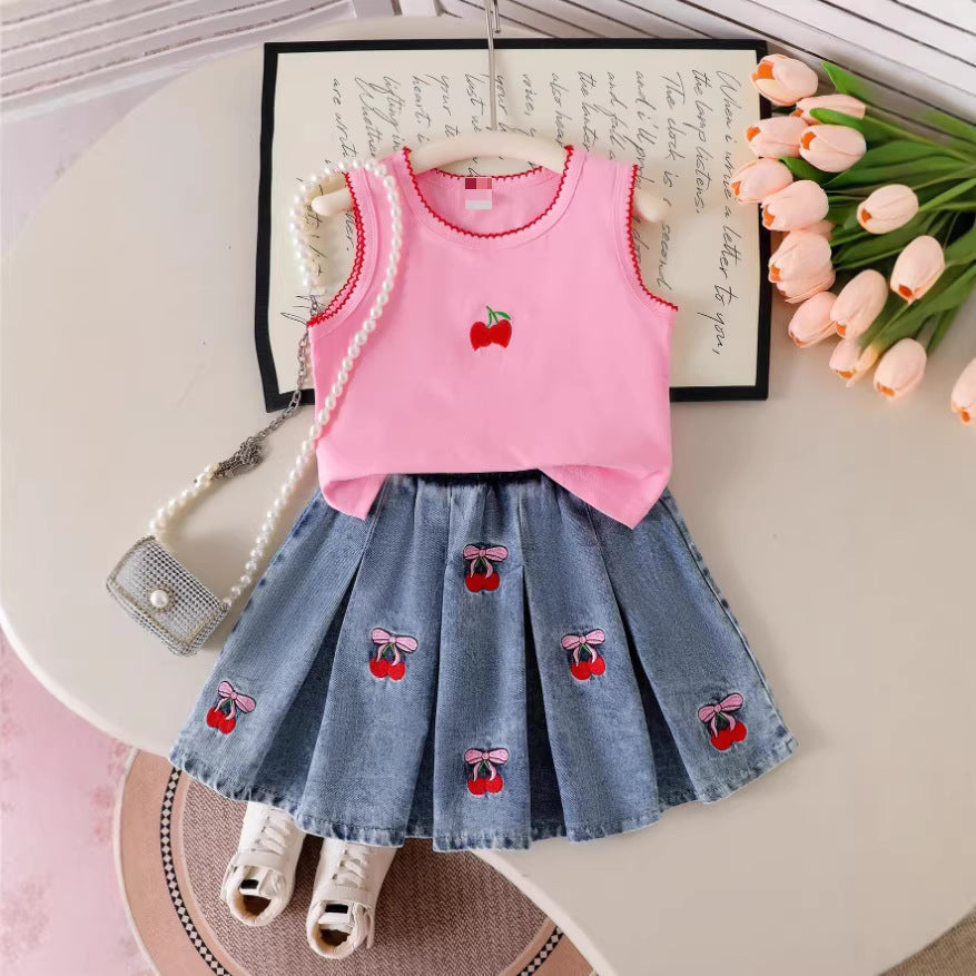 Girls Dogtooth Sleeveless Top - Cherry Embroidered Pleated Denim Skirt Set