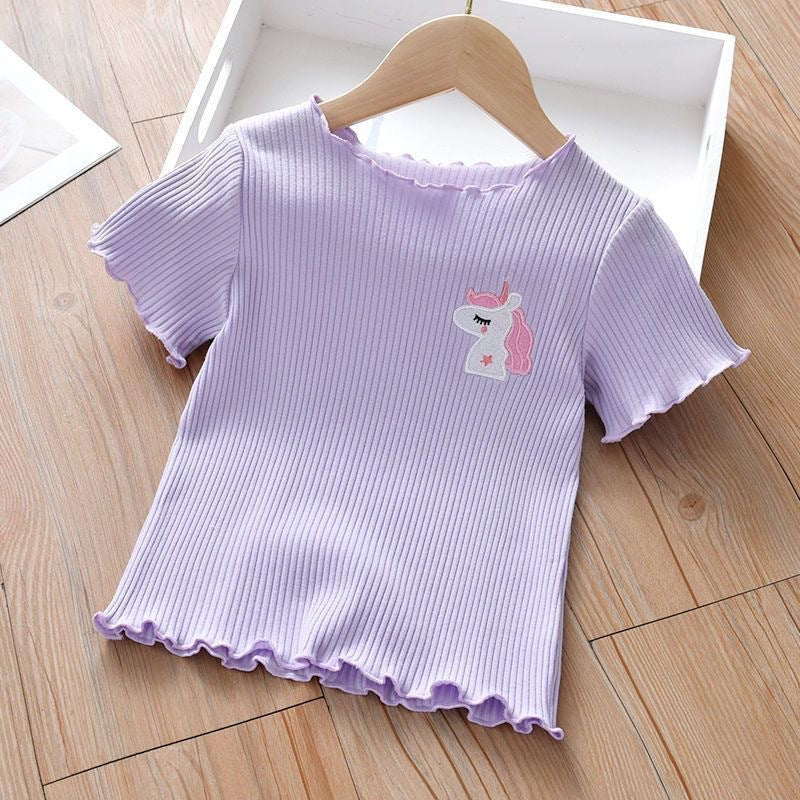 Girls Ice Silk Short Sleeve T-Shirt - Cute Embroidered Summer Lettuce Edge Top