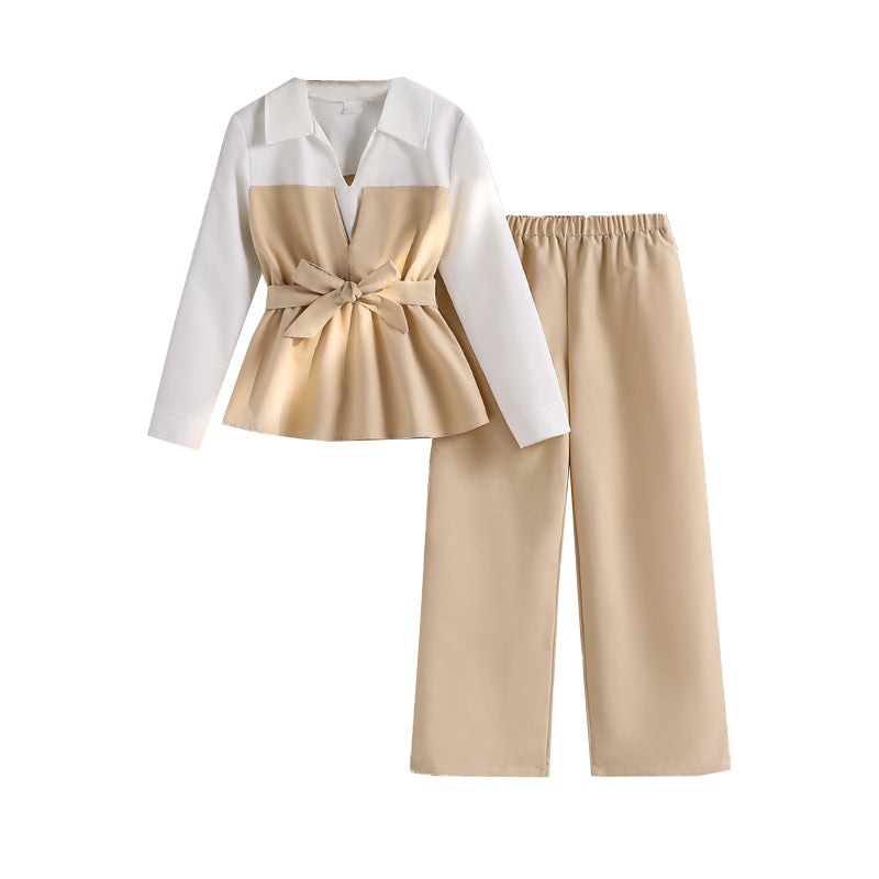 Girls Contrast Color Two Piece Set | Spring Long Sleeve Top + Casual Pants