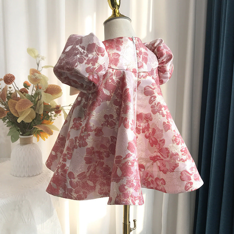 The Portrait Muse | Bubble-Sleeve Printed Satin Princess Dress