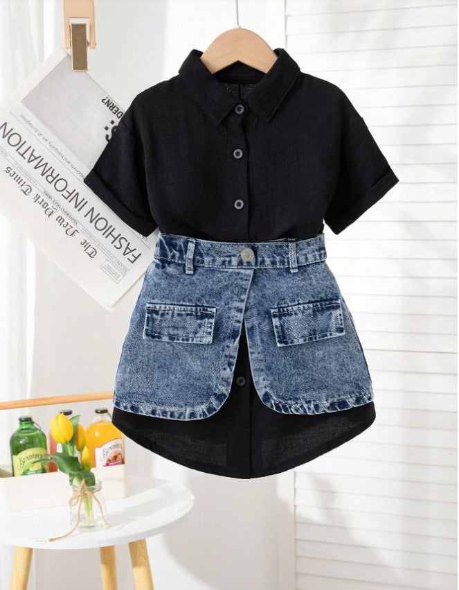 Girls Western Fashion Shirt Set - Short-Sleeve Denim Waist Skirt Outfit