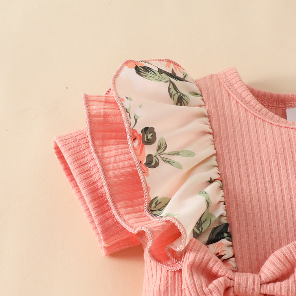 The Petal Picnic | Baby Girl Floral Striped Ruffle Romper & Headscarf Set