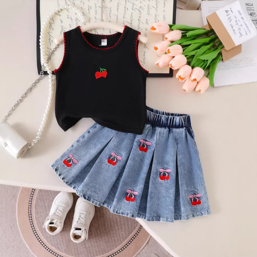 Girls Dogtooth Sleeveless Top - Cherry Embroidered Pleated Denim Skirt Set