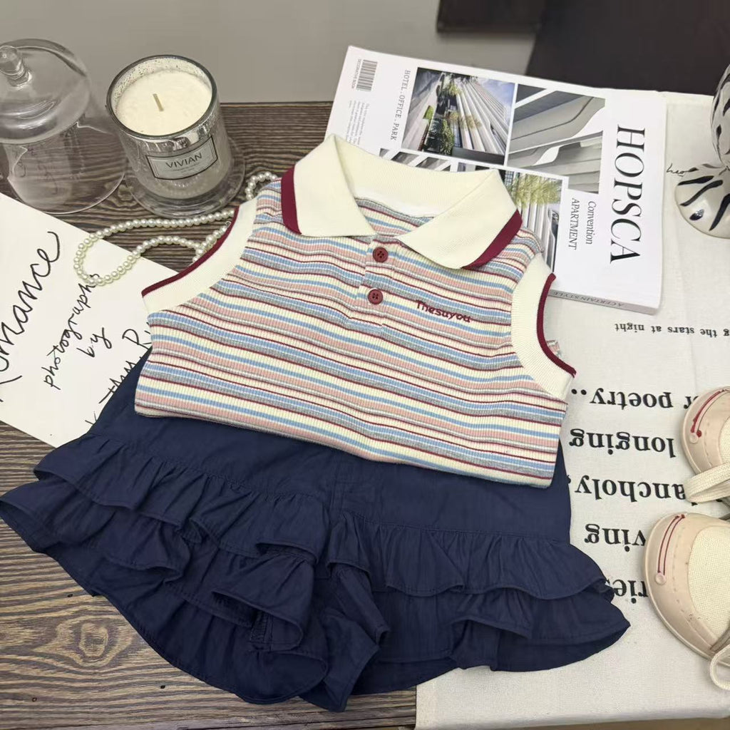 Girls Korean Style Striped Vest - Navy Blue Pleated Culottes 2 Piece Set