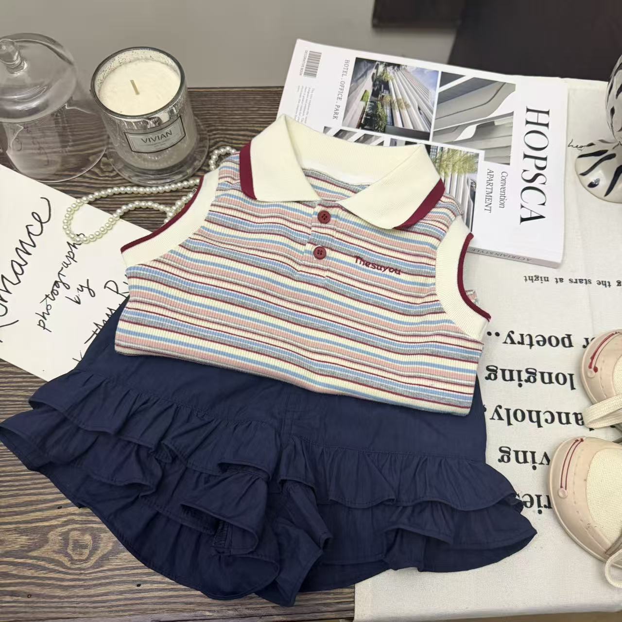 Girls Korean Style Striped Vest - Navy Blue Pleated Culottes 2 Piece Set