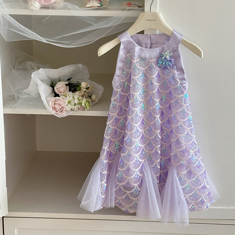 Girls Sequined Mermaid Princess Dress - Summer Cotton Lined Party Gown