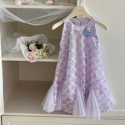 Girls Sequined Mermaid Princess Dress - Summer Cotton Lined Party Gown