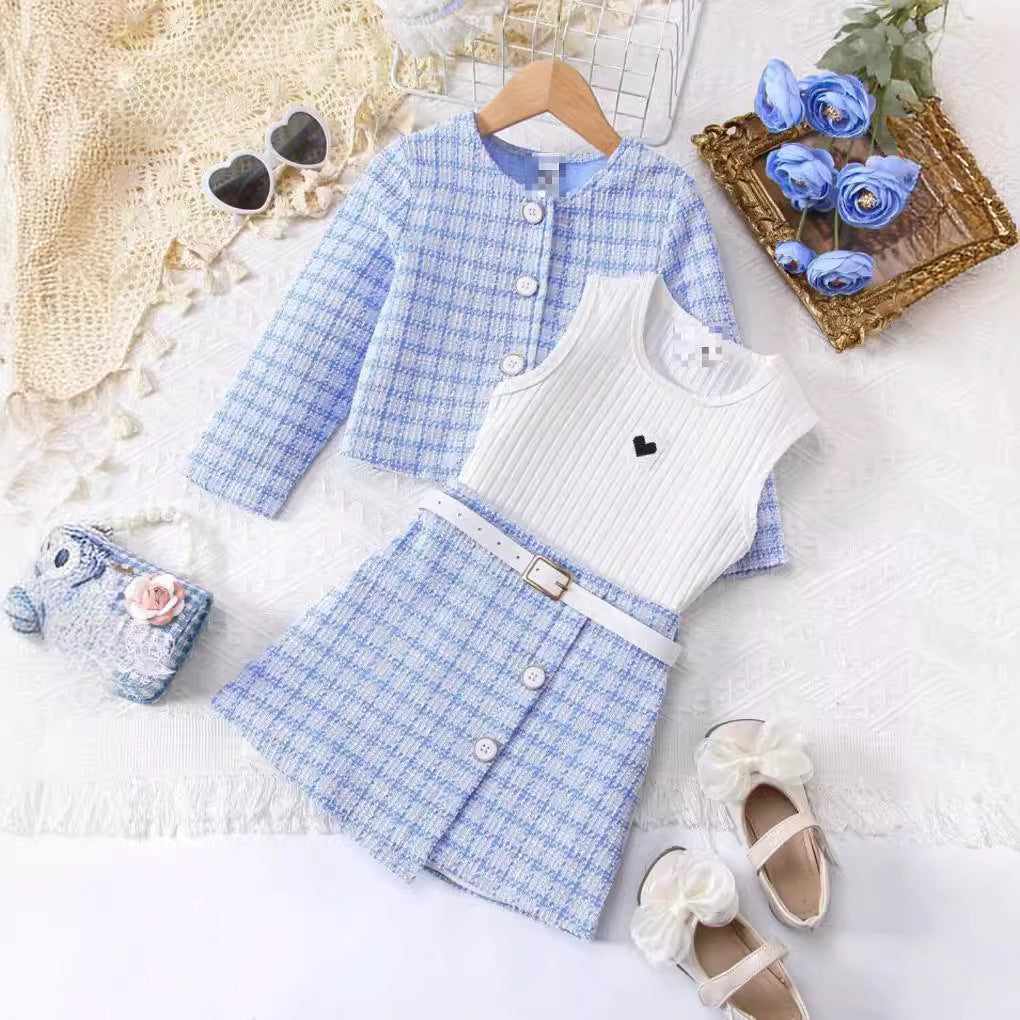 Girls Western Style "Small Fragrant" Plaid Set - Long-Sleeve Jacket, Vest Dress & Belt