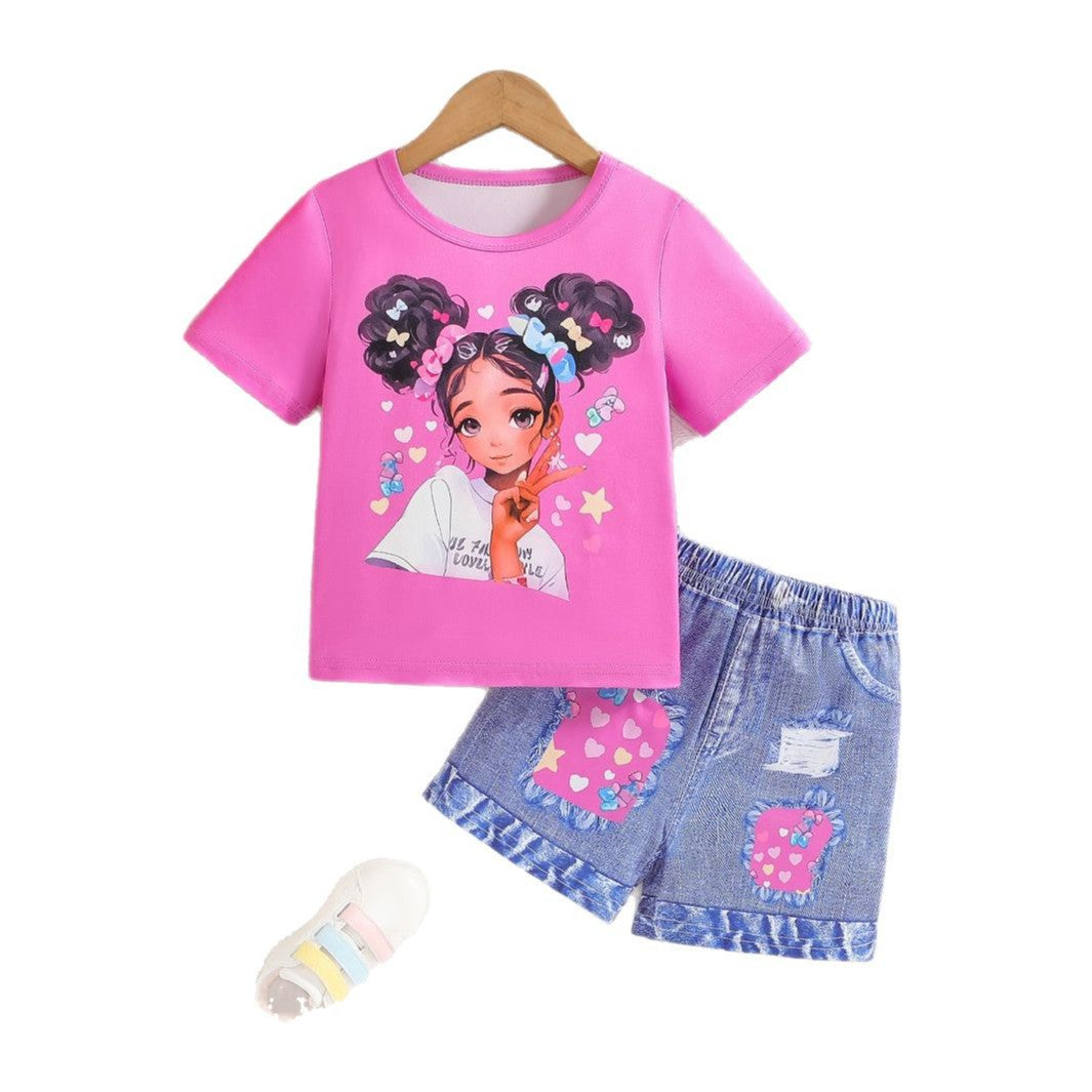 The Denim Darling | Infant & Toddler Girls’ Cartoon Avatar & Printed Jeans Set