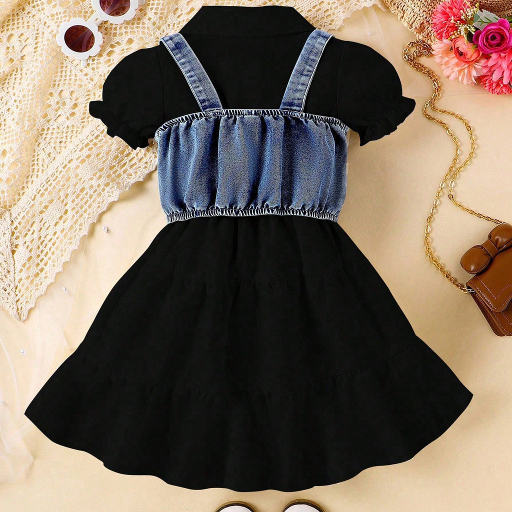 Girls Western Style Bubble Sleeve Dress - Trendy Denim Suspender Two-Piece Set