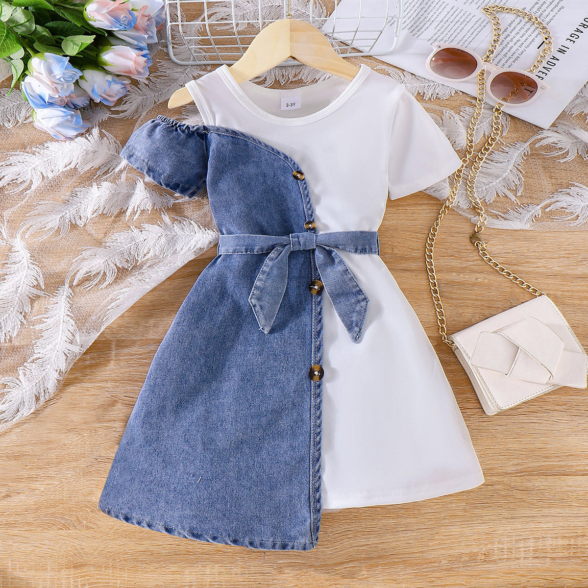Girls Western Denim Splicing Dress - Trendy Irregular Summer Outfit