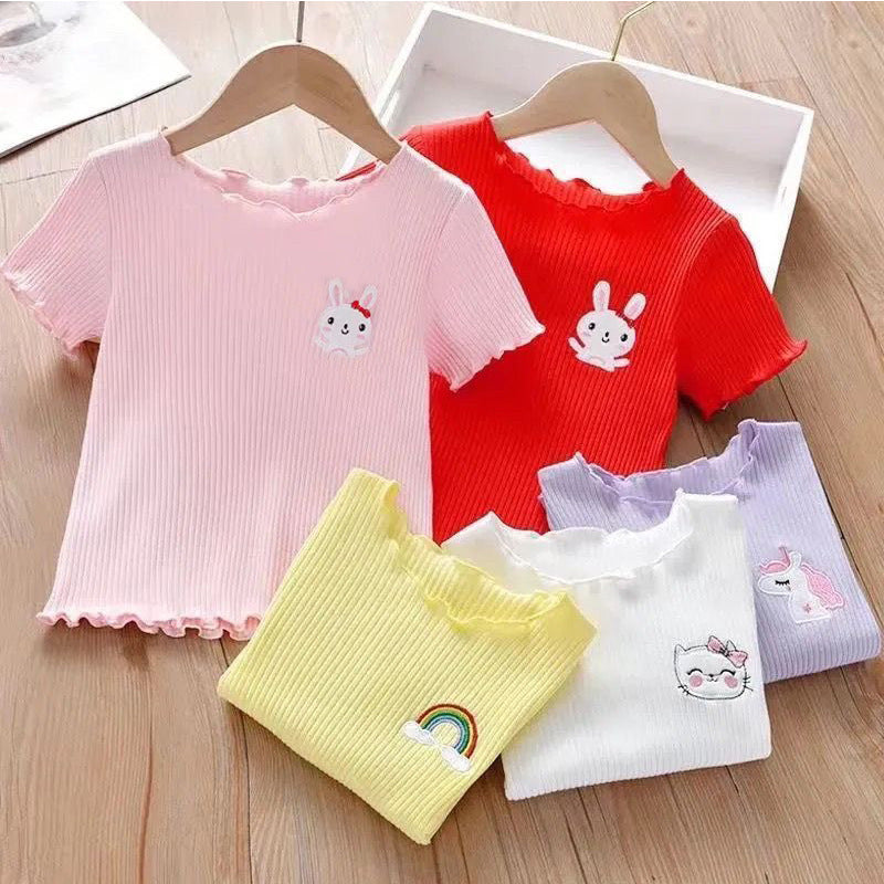 Girls Ice Silk Short Sleeve T-Shirt - Cute Embroidered Summer Lettuce Edge Top