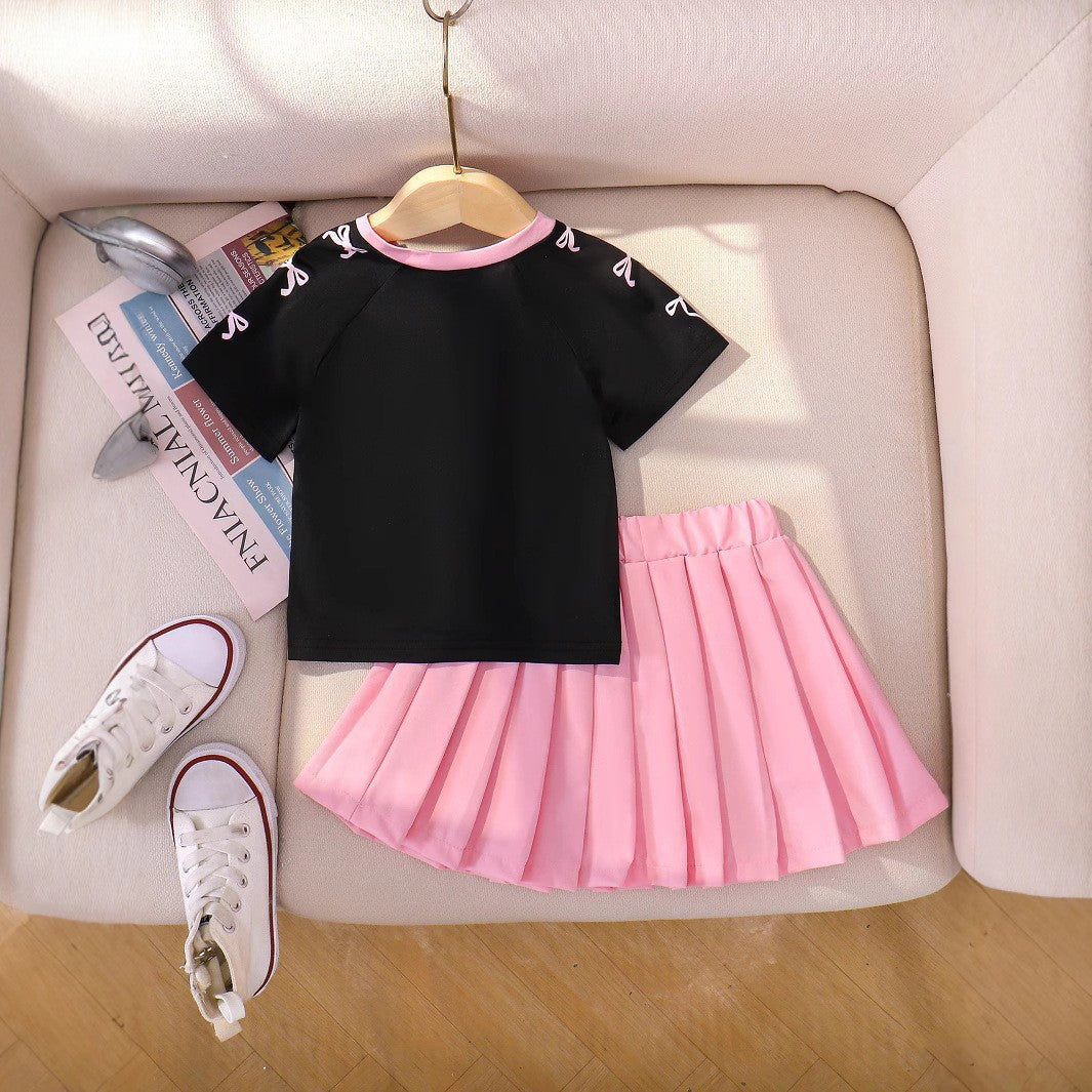 Girls College Style Princess Set - V-Neck Letter Print Outfit