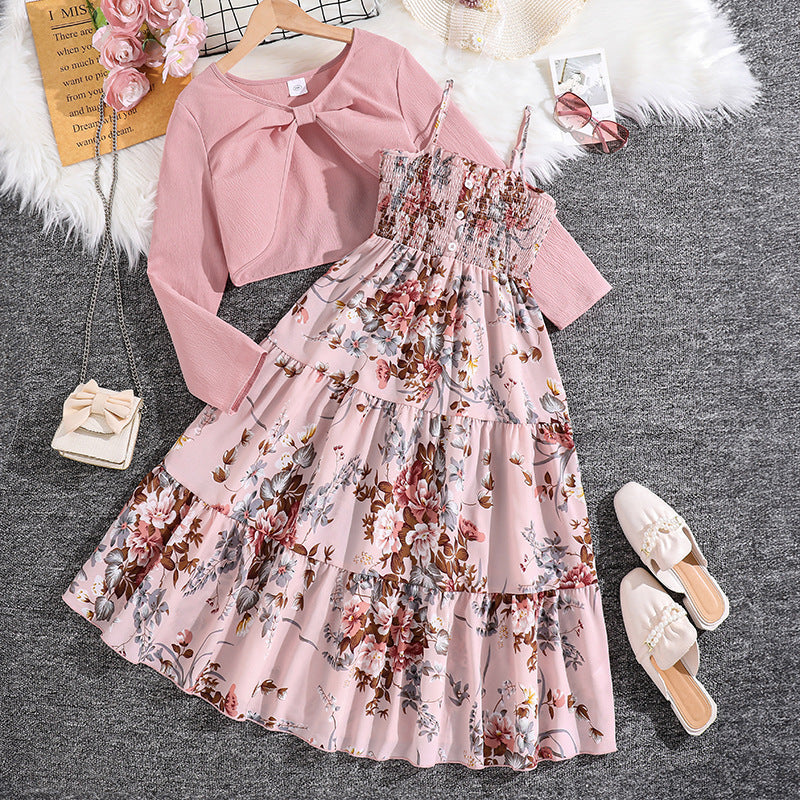 Girls Floral Suspender Dress with Long Sleeve Jacket | Spring Two Piece Set