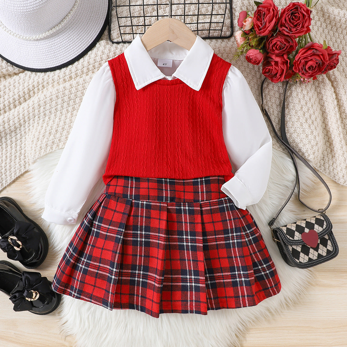 Girls Christmas Plaid 3-Piece Set - Knitted Vest & Shirt Outfit