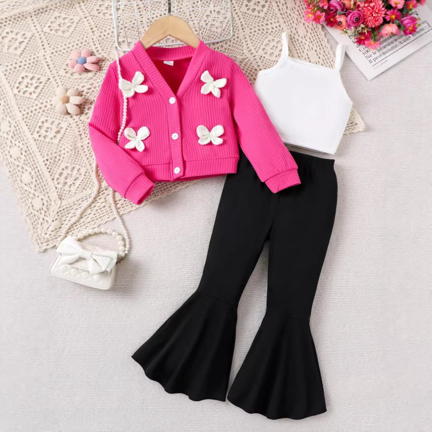 Girls Western Flower Knit Set - 3-Piece Bell Bottom Outfit