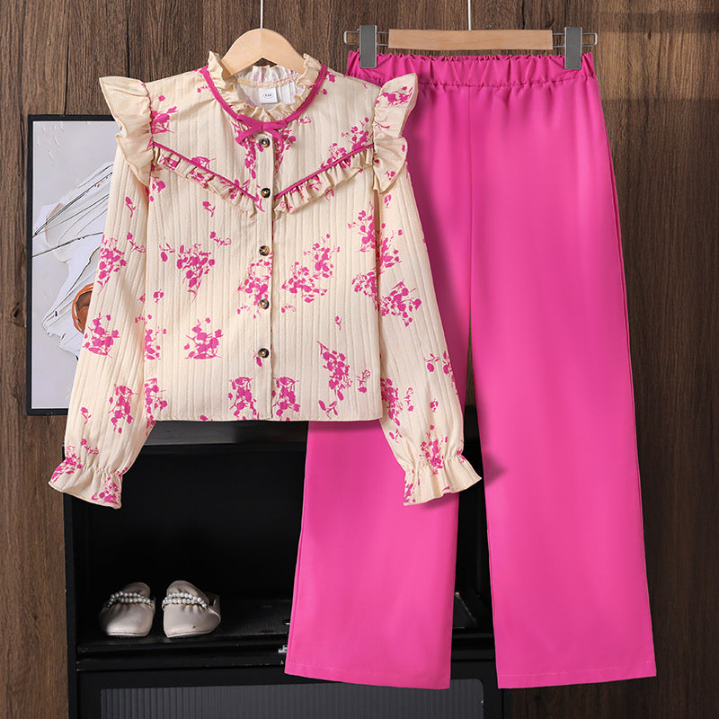 Vintage Romance | Girls Lace Print Long-Sleeve Shirt & Wide-Leg Pants Set