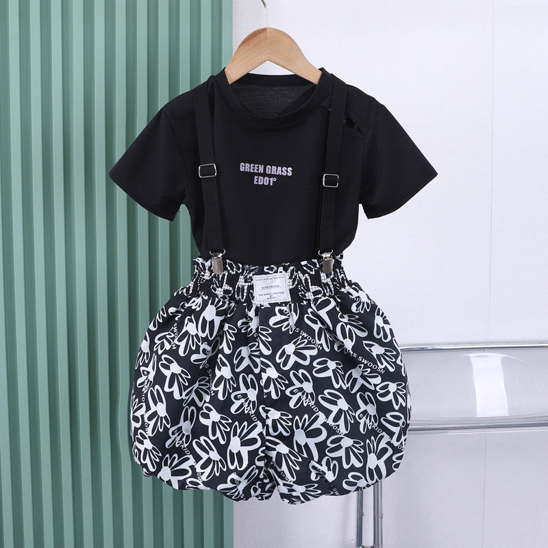 The Urban-Luxe | Girls’ "Letter-Link" Letter Print Strap Shorts Set