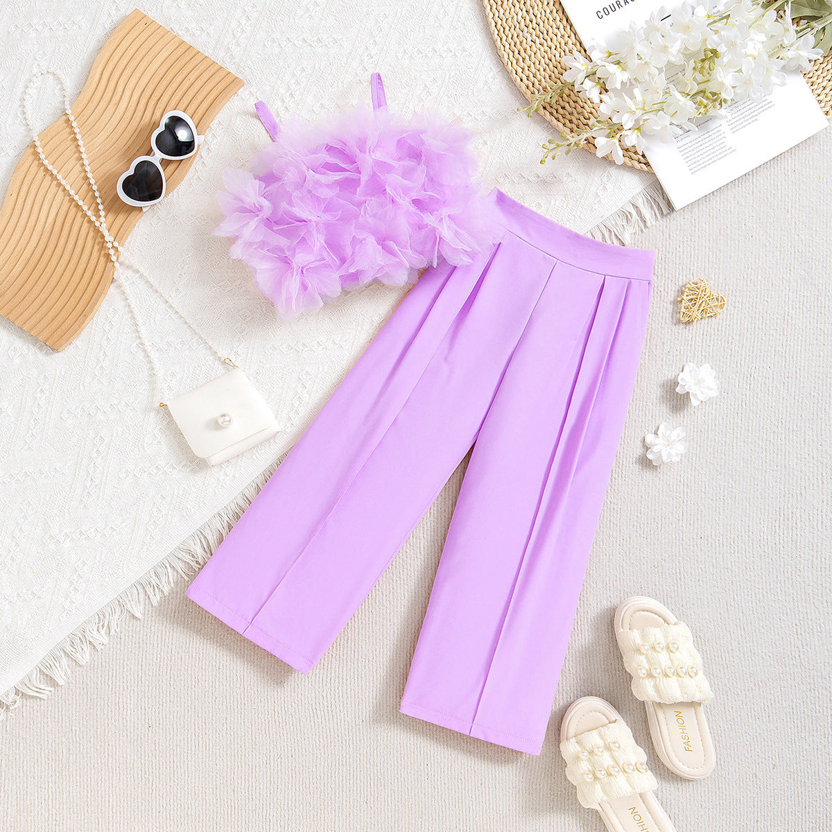 Runway Luxe | Girls 3-D Flower Strapless Top & Slim Suit Pants Set