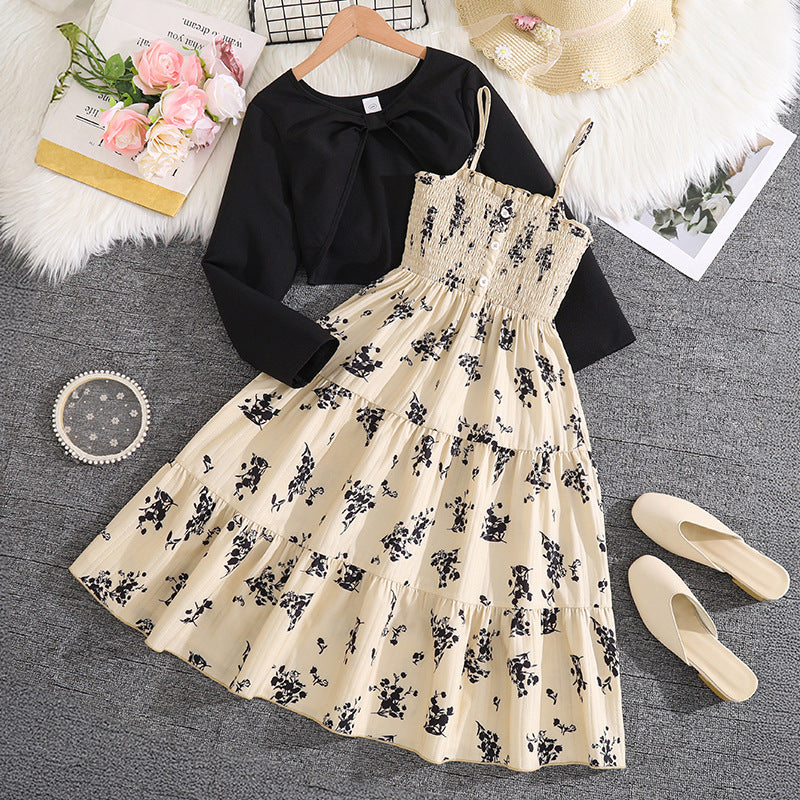 Girls Sweet Suspender Dress with Long Sleeve Jacket | Spring Two Piece Set