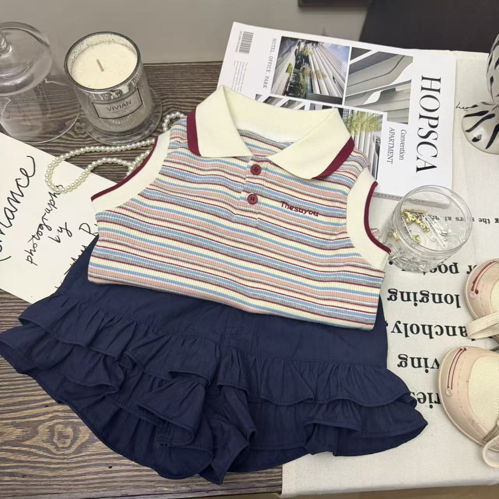 Girls Korean Style Striped Vest - Navy Blue Pleated Culottes 2 Piece Set