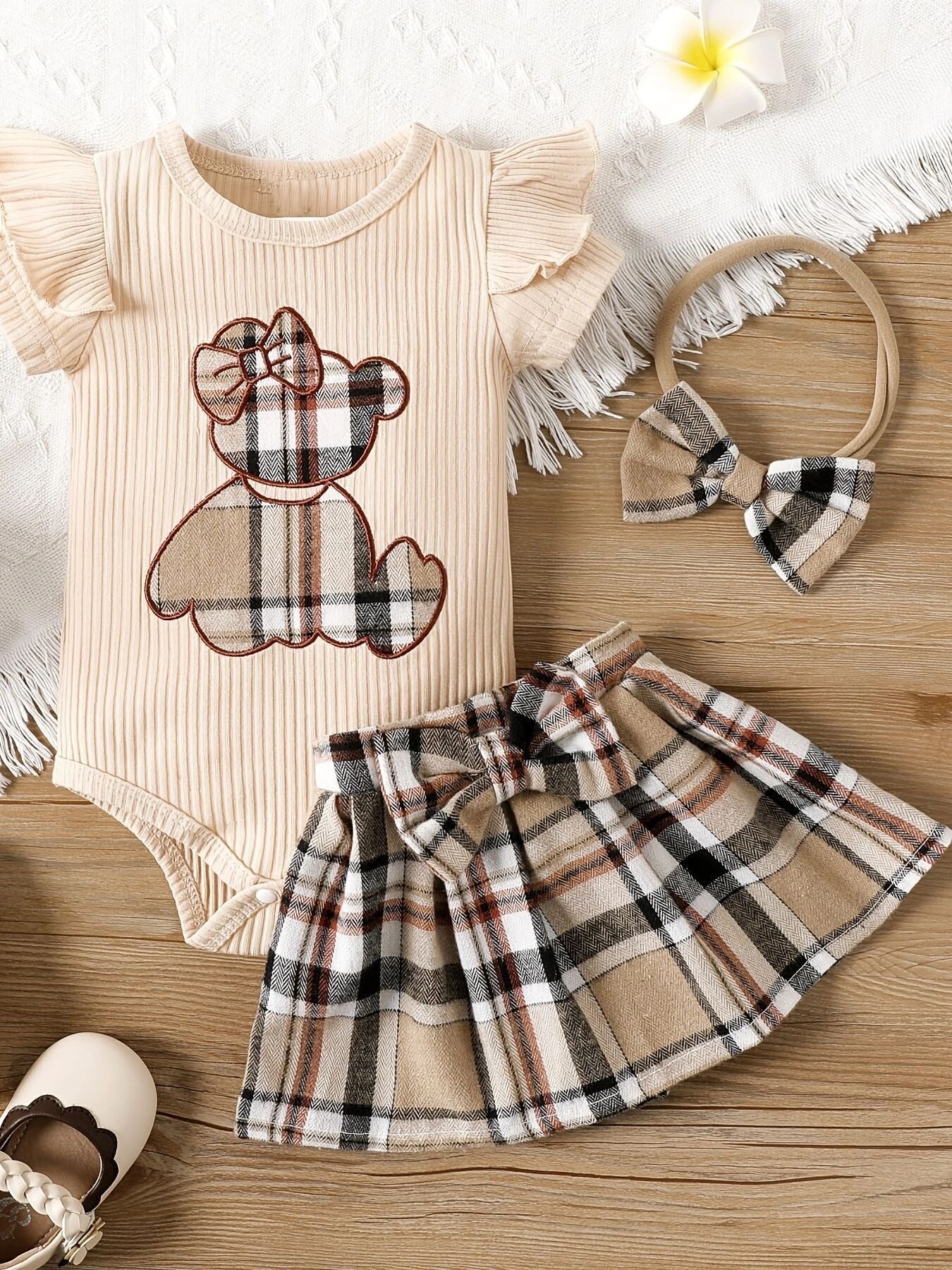 The Picnic Sweetheart | Newborn Baby Girl Plaid Skirt & Bear Romper Set