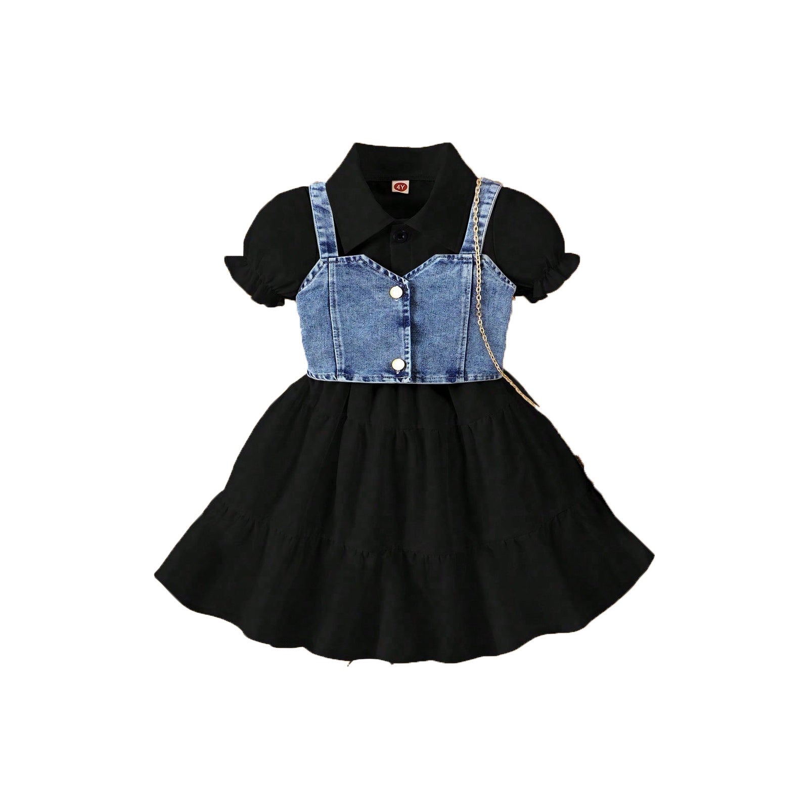 Girls Western Style Bubble Sleeve Dress - Trendy Denim Suspender Two-Piece Set