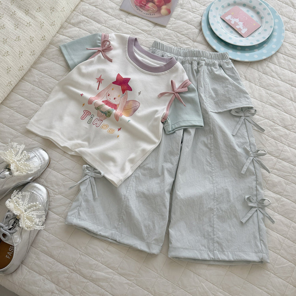 Girls Trendy Ammonia Cotton Shoulder-Slit T-Shirt - Pleated Bow Pants Set