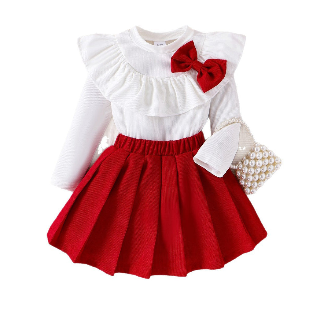 Girls Sweet Bow Ruffle Collar Set - Autumn Fashion Skirt Outfit