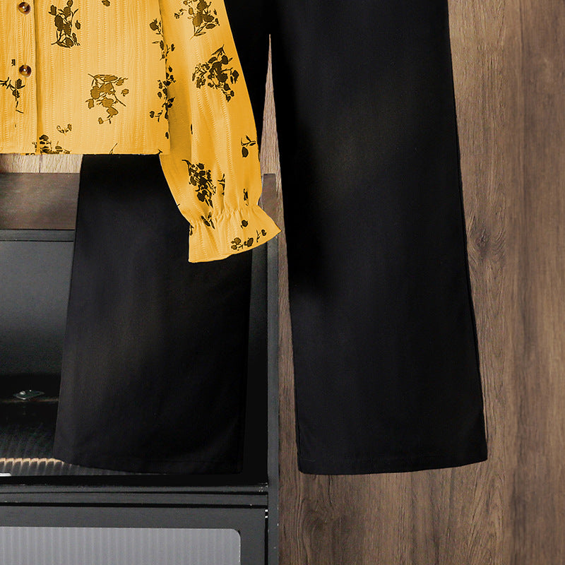 Vintage Romance | Girls Lace Print Long-Sleeve Shirt & Wide-Leg Pants Set