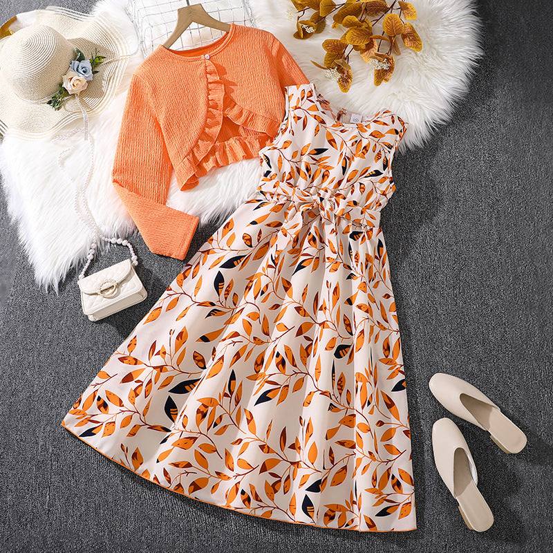 Girls Printed Dress with Long Sleeve Jacket |Kids Two Piece Outfit